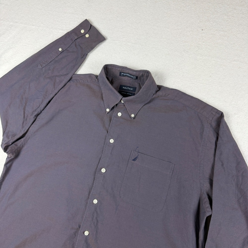 Nautica Vintage‎ Oxford Shirt Mens 17 34/35 Gray Long Sleeve Button Down Cotton